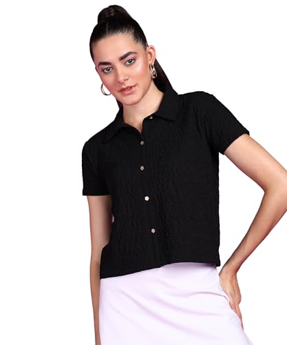 POPWINGS Women Casual Black Rimjhim Solid Shirt