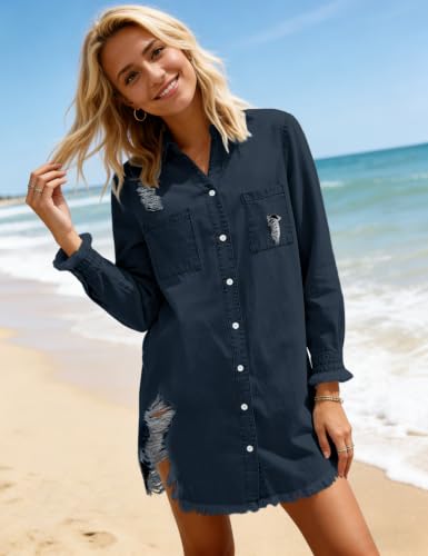 Image of Zilcremo Women Denim Dress Long Sleeve Button Down Jean Shirt | Chambray Casual Tunic Top,Distressed,Fringe Hem,Loose Fit,Mini Length,Country Concert Outfits,Daily Wear,for Spring and Fall