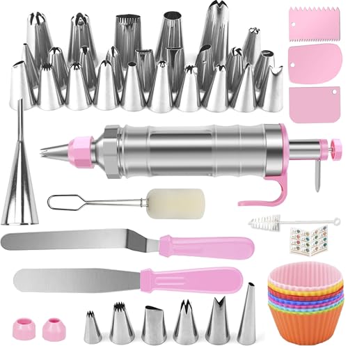 Dessert Decorating Syringe Set, Icing Piping Kit Stainless Steels Cake Decorating Tools 30 Piping Icing Nozzles Cupcake Decorating Kit - Pink