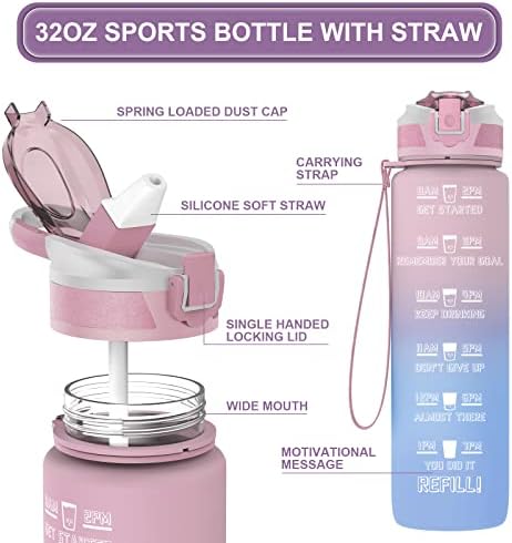 FIIO Sports Water Bottle 1L Water Bottle with Straw & Time Markings Leakproof BPA Free Tritan Drinking Bottle for Men, Women, Cycling, Running, Yoga, Gym, Outdoor, Light Pink Gradual Light Blue