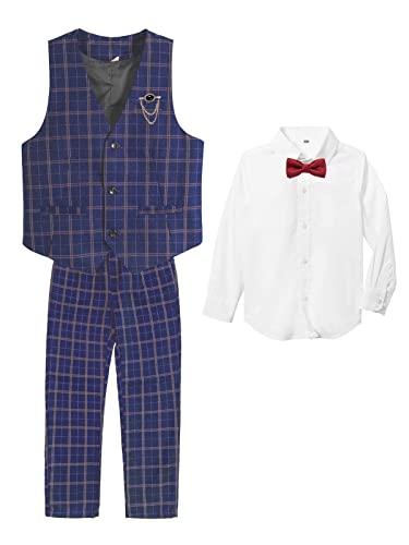 Boys Vest Pants Set Plaid Dress Suit With Shirt Kids Tuxedo Formal Wedding Ring Bearer Outfit(Blue,8Years) #TOP4