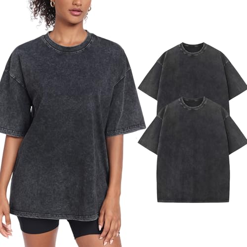 Womens Washed Vintage Oversized T-Shirt Baggy Workout Tops Short Sleeve Cotton Tshirts Streetwear Boyfriend Tee(W-BK-BK,s) by SnowElve - Used condition - US$24.48
