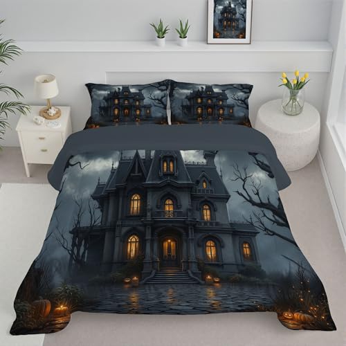 JEDTAKCT Edredón Nórdico Casa Encantada Gótica Estampado Cama 105, Edredón De Paisaje De Halloween Reversible Transpirable Tacto Pluma, 240X220Cm, Acolchado Suave para Otoño Invierno, Gris Carbón