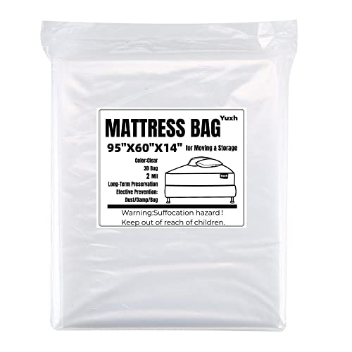 Yuxh 3D Mattress Plastic Bag For Moving And Storage,2 Mil,Clear 2 Pack,Queen 95"X60"X14" #TOP14