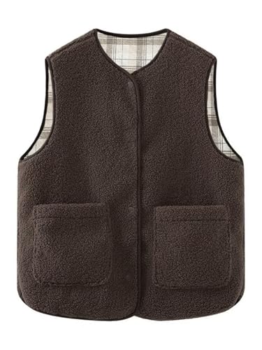 CUFEZN Women's Fleece Sherpa Vest Fuzzy Button Down Sleeveless Warm Jacket Reversible Plaid Gilet Outerwear with Pockets Brown X-Large