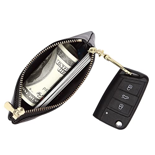 Premium Genuine Full Grain Leather Mini Coin Purse Keychain Pouch Card Holder For Men Women (Black) (Jk220009) #TOP2