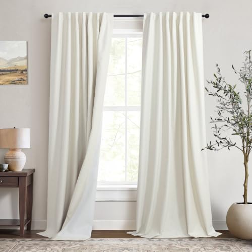 Extra Wide 60 Inch Width 100% Blackout Linen Curtains 102 Inches Long Cream for Living Room Bedroom Room Darkening Back Tab Pleated Thermal Insulated Window Sliding Door Drapes 60x102 Length 8.5 FT