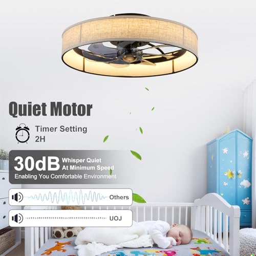 XUDOM19.6 Farmhouse Low Profile Flush Mount Ceiling Fan with Light and Remote,Fabric Bladeless Caged Fandelier with APP Control 6 Speed DC Motor,Timer,LED Dimmable for Bedroom,Living Room by XUDOM - Used condition - Image 7