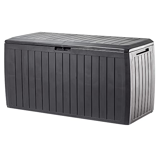 KADAX Caja de almacenamiento de plástico, 116,6 x 47 x 59,5 cm, baúl de jardín de 290 L, con asas y cierre, caja de jardín para almacenamiento de cojines (290 L, marrón oscuro)