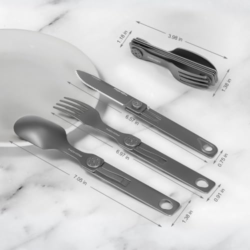 Image of ROXON 3-in-1 Camping Utensils Set (Knife, Spoon, Fork) Titanium-Plated Grey
