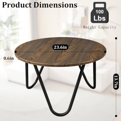 Image of Small Circle Coffee Table Round Coffee Tables with Metal Legs 23.6 inch Wood Accent Center Table for Living Room Sofa Table for Reception Room Home Office Rustic Brown