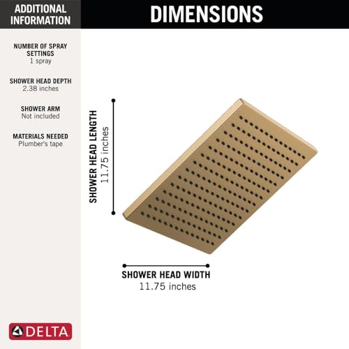 Delta Brushed Gold Rain Shower Head, Antique Gold Single Setting 12 Inch Square Shower Head, Showerheads, 2.5 GPM Flow Rate, Champagne Bronze 52159-CZ25 - image 3