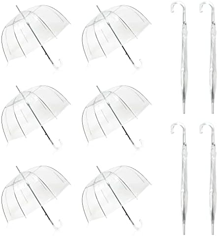 WASING 10 Pack 46 Inch Clear Bubble Umbrella Crystal Handle Large Transparent Canopy Stick Umbrellas Auto Open Windproof with European J Hook Handle Outdoor Wedding Style Umbrella for Adult