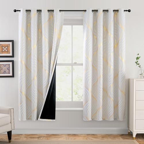 Xwincel 100% Blackout Curtains for Bedroom, White Gold Wave Line Dot Patterned Curtains 63 Inch Length, Metallic Gold Drapes Living Room Darkening Thermal Insulated Grommet Window Curtains 2 Panels - Image 3