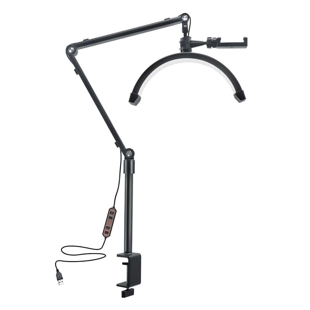 Andoer Lámpara LED de vídeo de 10 W, regulable, lámpara de media luna, 3200 K-5600 K, lámpara LED de suelo para pestañas con cable USB, abrazadera C, soporte para vlogging, salón de belleza,