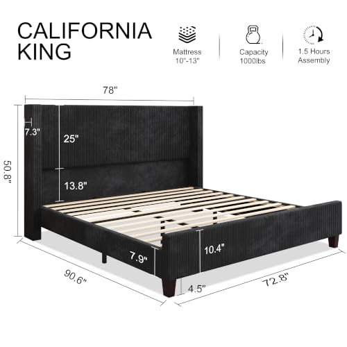 Image of HOWE California King Size Bed Frame with Corduroy Wingback Headboard, Black | Modern Upholstered Platform Bed, 50.8 Inch Tall Profile, Solid Wood Slats, No Box Spring Needed, Noise-Reducing Designrt
