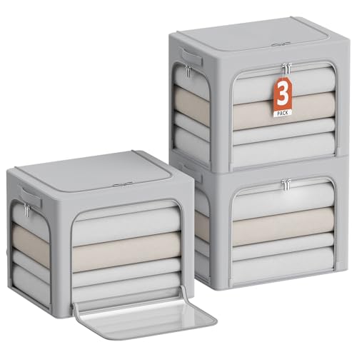 3Pack Clothes Storage Bins - Oxford Frame Storage Box Foldable Stackable Storage Organizer with 3 Openings Design, Metal Frame, Clear Window, Carry Handles (36L-15.7 * 11.8 * 11.8in, Grey)