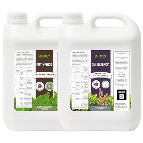 Bioky - Purín de Ortiga 5L y Cola de Caballo 5L - Aporta Hierro y Nutrientes Esenciales - Mejora Defensas Naturales de Plantas - Producido por decocción y fermentación