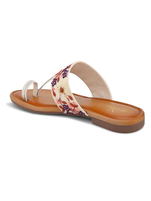 Image of XE Looks Women's Embroidered Toe-Ring Flats | Elegant Floral Strap Design with Cushioned Footbed | Stylish & Comfortable Ethnic Sandals for Girls & Women