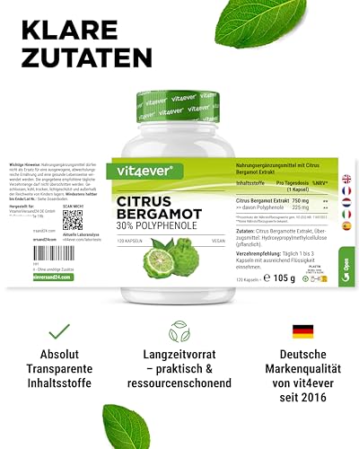 Citrus Bergamot - 120 Kapseln hochdosiert mit je 750 mg Extrakt - Premium: 30% Polyphenole - Kreuzung aus Zitronatzitrone & Bitterorange - Vegan, ohne unnötige Zusätze