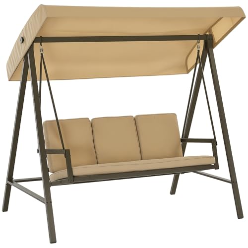Outsunny Columpio de Jardín de 3 Plazas Balancín Exterior Jardín con Toldo Ajustable Cojines Extraíbles y Estructura de Acero Carga 360 kg 200x125x175 cm Beige
