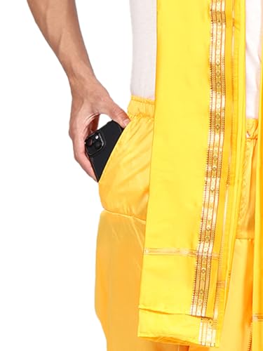 Image of Rameshwaram Fabrics Mens Ready to Wear Silk Dhoti with Angwastra Set - Pocket Dhothi