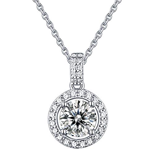 Moissanite Halo Pendant Necklace For Women Girls,1Ct-2Ct Df Color, 925 Sterling Silver With 18K White Gold Plated, Include Jewelry Box,With Certificate (Halo Round 1Ct) #TOP30