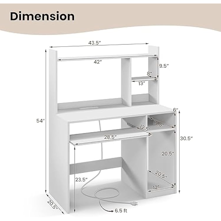 Giantex Computer Desk with Hutch, 43.5 Inch Home Office Desk with Keyboard Tray & Charging Station, Laptop PC Table for Workstation, Modern Study Writing Desk for Small Space, Bedroom, White