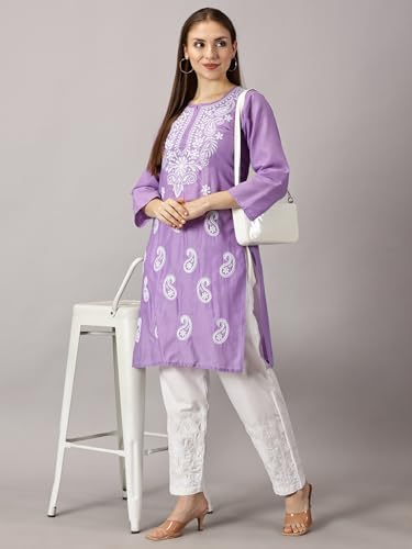 Image of FCH, Fashionable Chikan Handikraft Women's Cotton Lucknowi Chikankari Printed Straight Kurta for Regular Wear Girls Flared Kurta