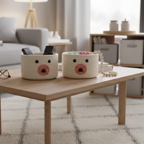 Image of Teddy Eco-Friendly Cotton Rope Basket Set of 2 (6x6 Inch) - Remote Holder for Living Room & Remote stand for Table, Makeup organisers, Jute Planter Basket & Jute Pots for Plants (White - Combo)