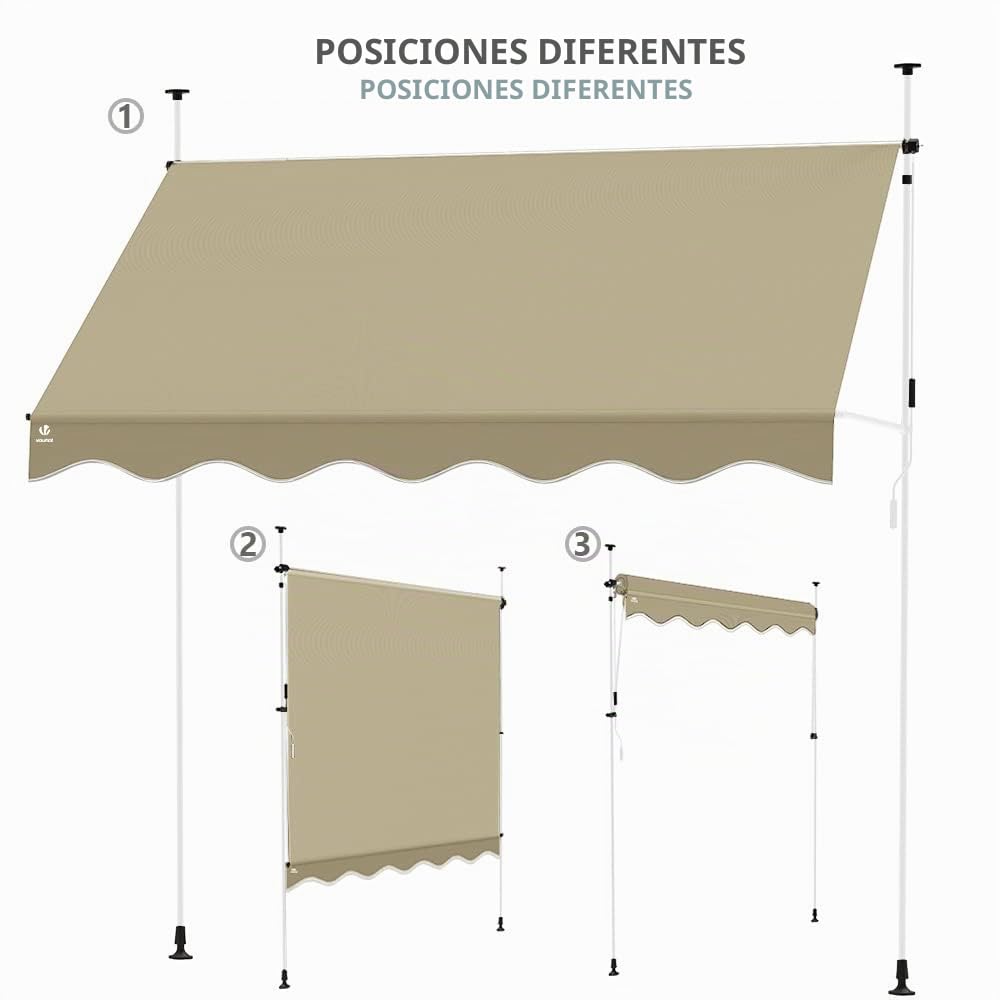 VOUNOT® Toldo Manual Retráctil, Toldo Enrollable Exterior Altura Ajustable con Manivela, Sin Taladro, para Terraza Balcón Jardín, 200x120x210-300 cm, Beige