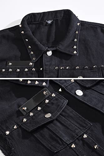 Image of ebossy Men's Ripped Distressed Denim Vest Sleeveless Button Up Jean Vest Jacket (Large, Rivet Black)