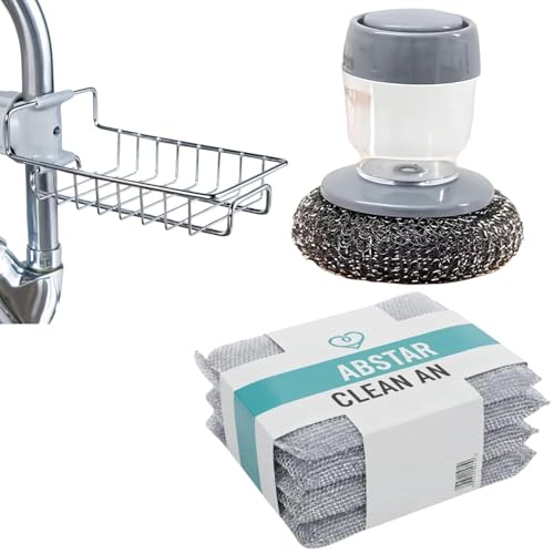Image of ABSTER Kitchen Sink Accessories Combo Set | Stainless Steel Faucet Organizer Rack with Soap Dispensing Scrubber & Steel Cleaning Mesh Pads