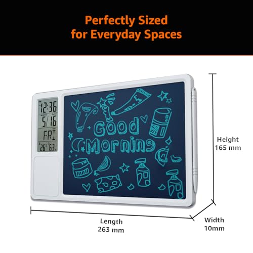 Image of Amazon Basics Digital Writing Pad Clock with Alarm, White color, ABS,Temperature Display, Calendar, 12 /24 Hr Format, Backlight-Free Design, Cell Battery Powered, Wall /Table Mount (Size: 263 x 10 x 165 mm)