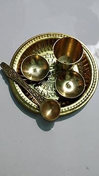 GOOFY TURTLE Elegant Golden Colored Pure Brass Pooja & Thali Set Laxmi Ganesha Diwali Pooja puja Set Glass, 2 Katori, Chammach, Plate and ROLI Packet, KALAWA FREEE