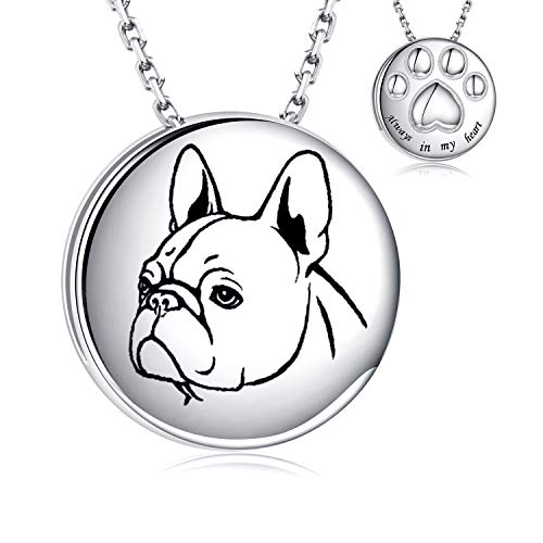 Pet Cremation Necklace for Dog - 925 Sterling Silver Always in My Heart Paw Print Memorial Keepsake Pendant Urn Jewelry for Ashes (French Bulldog)