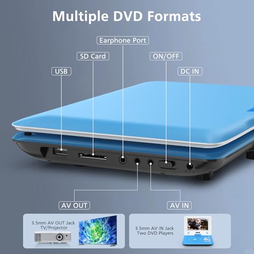 Image of 11.5 inch Portable DVD Player for Kids and Car, 9.5 inch Swivel HD Screen with 4-6 Hours Built-in Battery, Support Sync Screen to TV, Support SD Card /USB /Multiple Disc Formats (Blue)