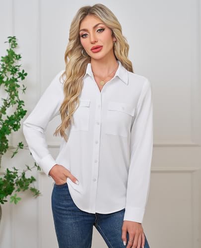 Button Down Shirts for Women Chiffon Blouse Collared Dress Shirt Work Office Business Casual Tops with Pocket2