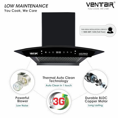 Image of Ventair 60 cm BLDC 1500 m3 /hr Filterless Autoclean Silent Kitchen Chimney (Auto Prince, BLDC Motor, 9 Speed Motion Sensor & Touch Control, Wall Mount, Curved Glass, Black, Made in India)