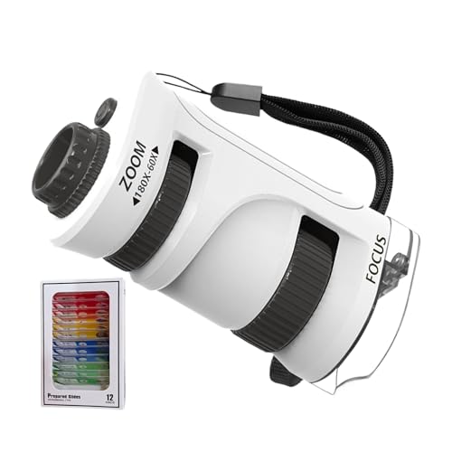 Mini Microscopio para Niños,Microscopio Infantil con Zoom 60-80X y 12 Portaobjetos,Juguete Educativo de Experimentos | para Aula Senderismo Preescolar Hogar Exterior Acampada y Escuela