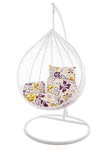 KIDEO Komplettset: großer Hängesessel mit Gestell & Kissen, Korbsessel, Poly-Rattan (Korb & Gestell: weiß, Kissen: Blumenmuster Nest (1085_Flower_Love))