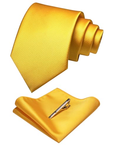 JEMYGINS Solid Color Formal Necktie and Pocket Square Tie Clip Sets for Men