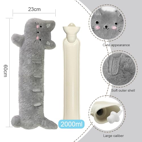 Wärmflasche Lang Kuschelig, Wärmflasche Tier Mit Bezug, 2L Schlauchwärmflasche, Nackenwärmflasche, Wärmeflasche Schlauch Für Rücken Schulter Unterleib, Hot Water Bottle Für Kinder Erwachsene (Ketze)