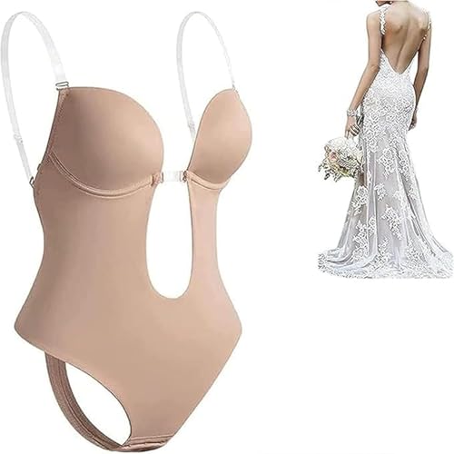Mujer Backless Profundo Cuello en V Body Strapless Shapewear Body Shaping Bodysuit Descanso (Beige, S)