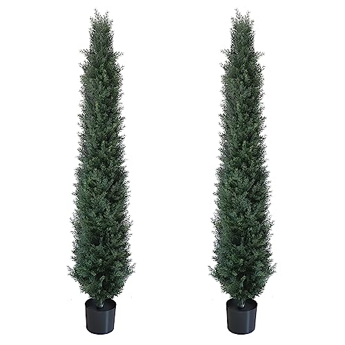 2 Pack 67 Inch Artificial Topiary Cedar Tree Pot Indoor/Outdoor Plants, Artificial Cedar Topiaries FakeTrees Potted Plants in Plastic Pot