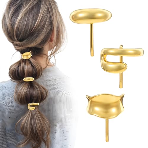 JIYIN 3 peças de grampos de cabelo dourados para rabo de cavalo, punhos de metal para rabos de caval