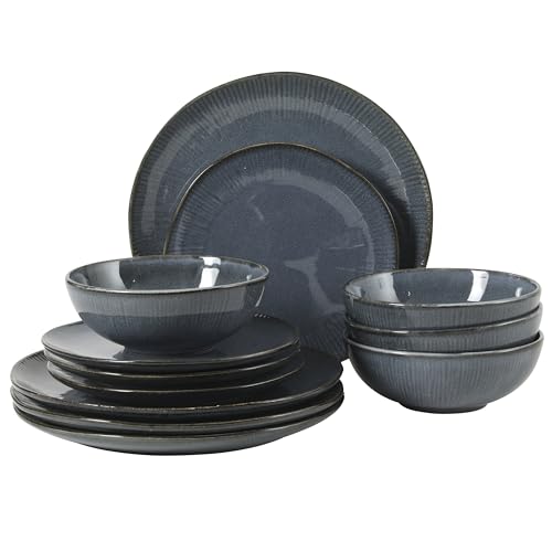 Image of Gibson Elite Sandy Pines Stoneware Plates and Bowls Set - 12 Piece Reactive Glaze Dinnerware Set - Service for 4 - Dishwasher and Microwave Safe - Blue