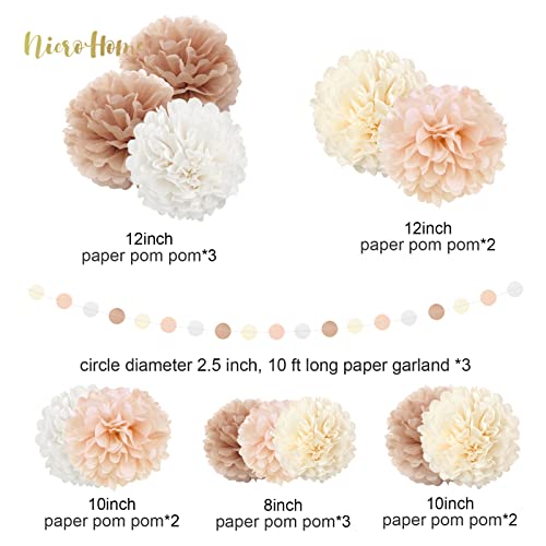 Nicrohome Wedding Party Decorations Set, 15Pcs Ivory White Tissue Paper Pom Poms, Boho Bridal Shower Decorations, Dots Paper Garland Backdrop For Birthday Baby Shower Prom Festival Decoration #TOP2