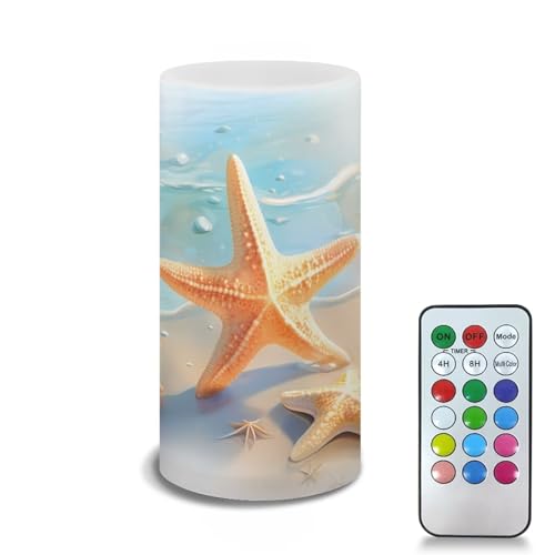 Image of Flameless Candle Battery Powered with Remote Control 12 Colors 4 /8 Hours Timer LED Night Lights Pillar Candle Tealights for Indoor Outdoor Home Wedding Decoration, Beach Starfish Blue