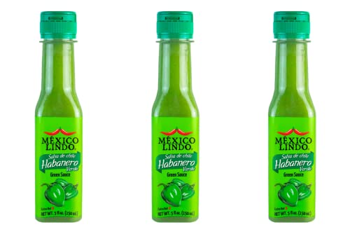 Image of Mexico Lindo Green Habanero Hot Sauce | Real Green Habanero Chili Pepper | 75,900 Scoville Level | Enjoy with Mexican Food, Seafood & Pasta | 5 Fl Oz Bottle (Pack of 3)